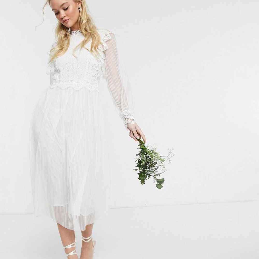 Y.A.S wedding midi dress with sheer sleeves in white